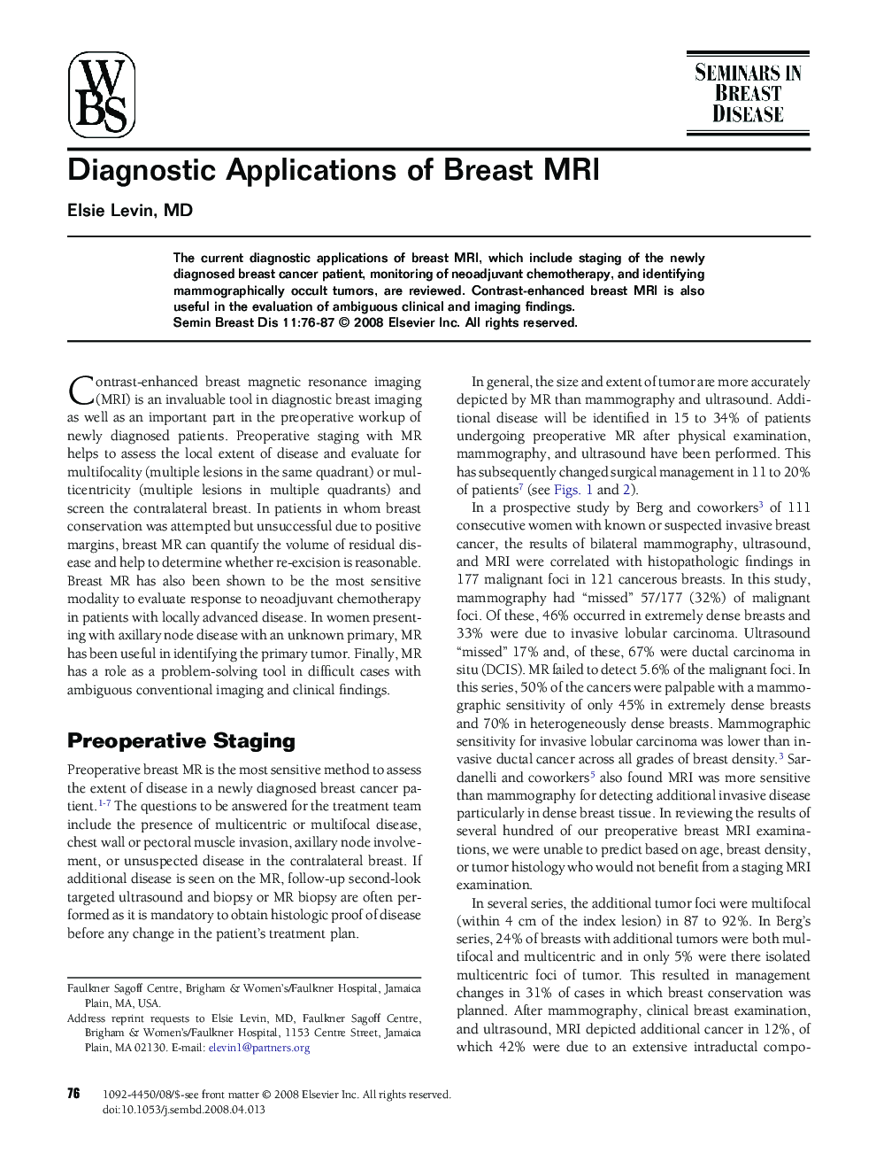 عکس صفحه اول مقاله: Diagnostic Applications of Breast MRI Diagnostic Applications of Breast MRI