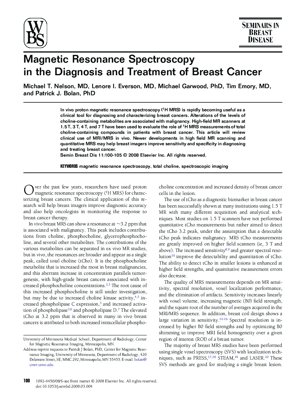 Magnetic Resonance Spectroscopy in the Diagnosis and Treatment of Breast Cancer