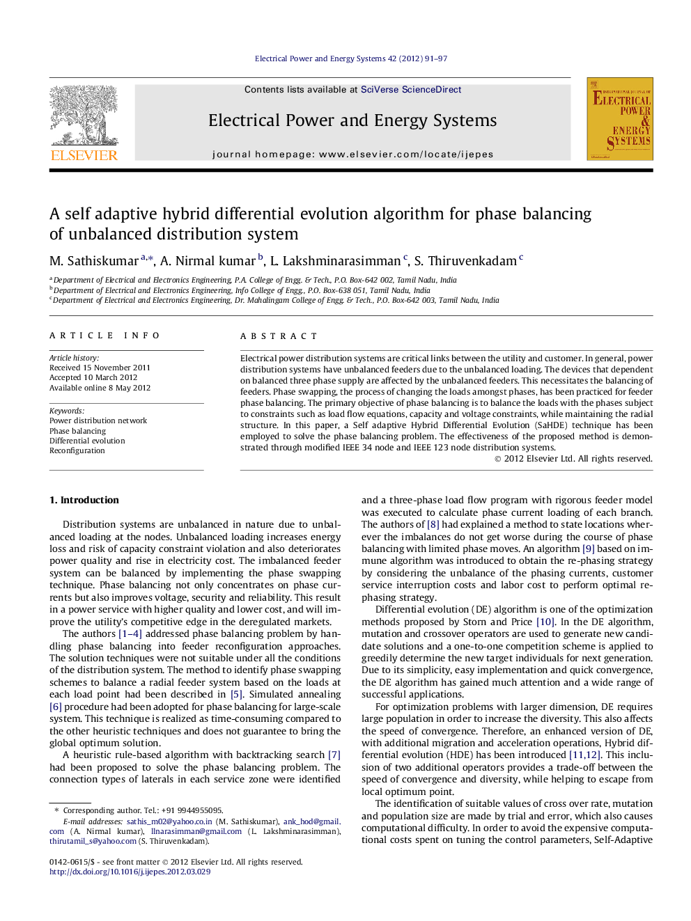 A self adaptive hybrid differential evolution algorithm for phase balancing of unbalanced distribution system