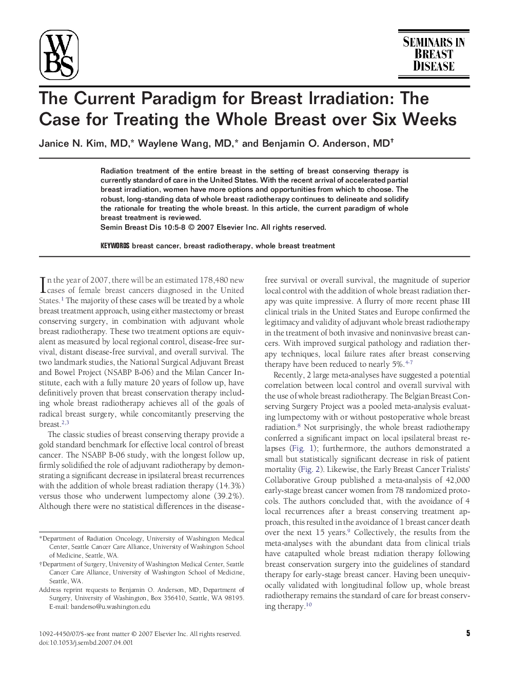 The Current Paradigm for Breast Irradiation: The Case for Treating the Whole Breast over Six Weeks