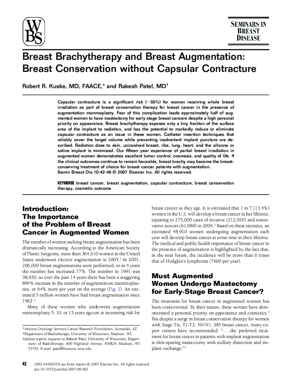 Breast Brachytherapy and Breast Augmentation: Breast Conservation without Capsular Contracture