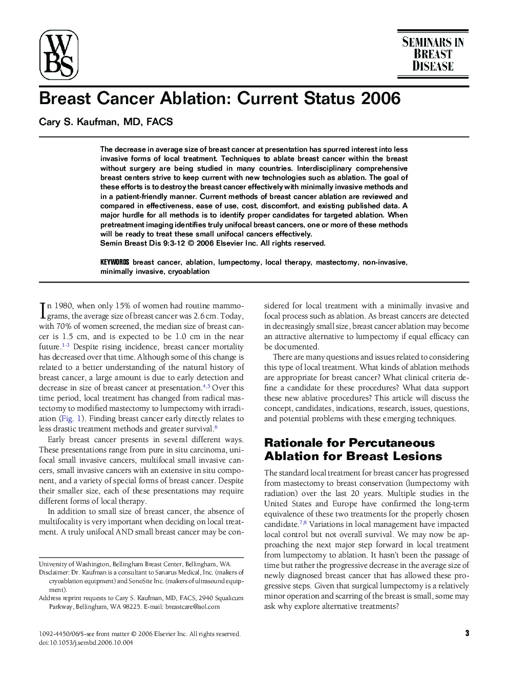 Breast Cancer Ablation: Current Status 2006