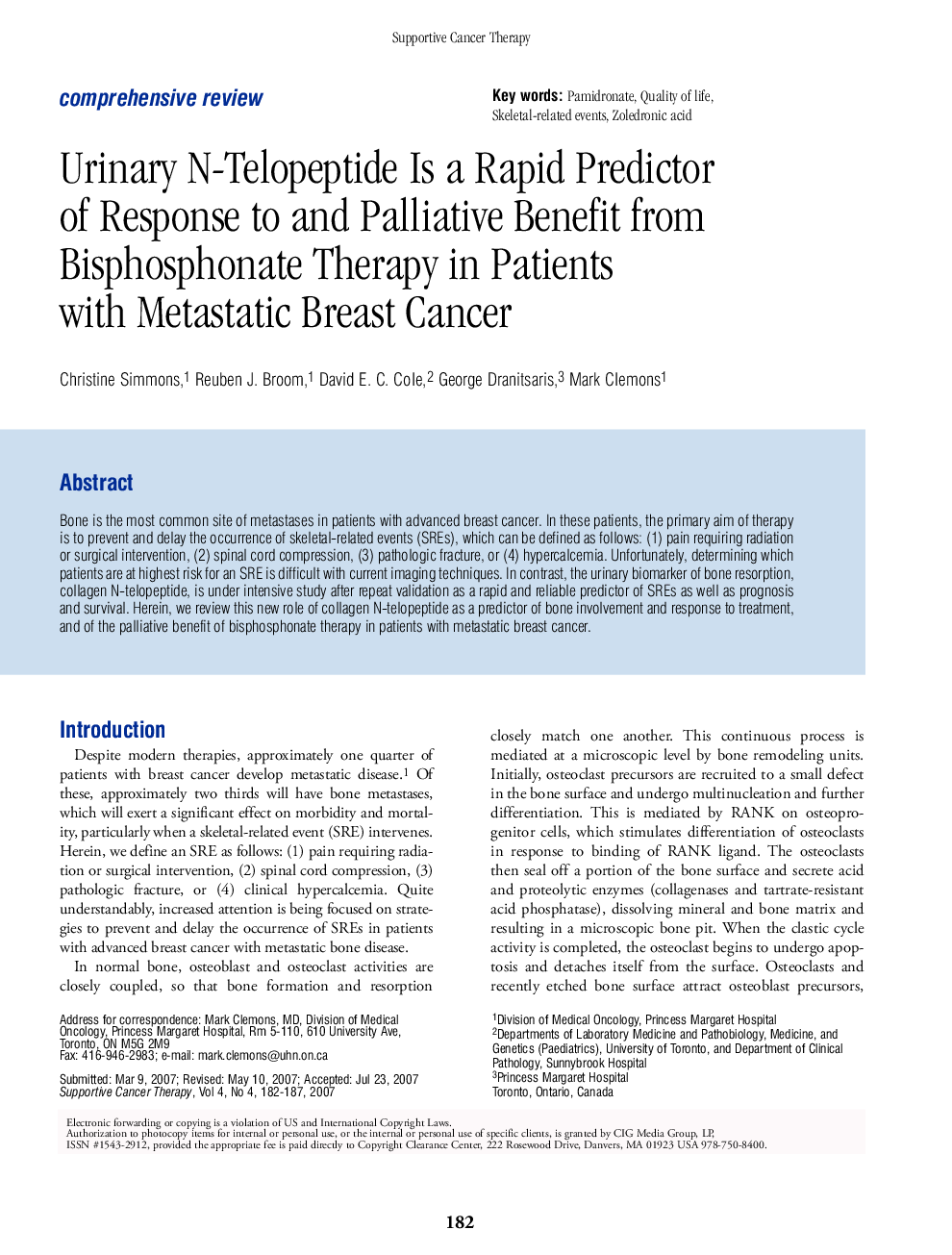 Urinary N-Telopeptide Is a Rapid Predictor of Response to and Palliative Benefit from Bisphosphonate Therapy in Patients with Metastatic Breast Cancer