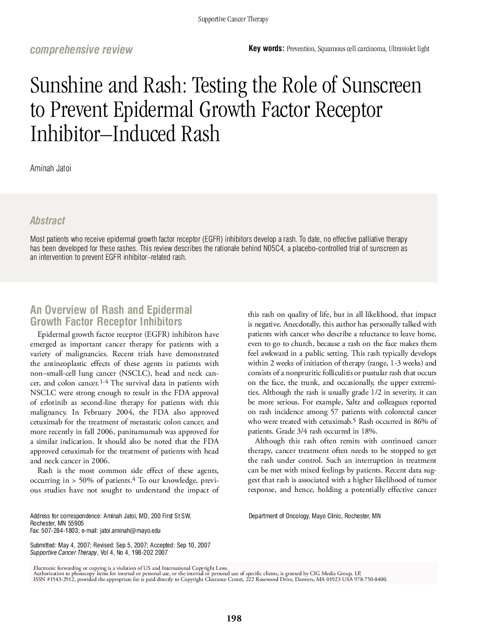 Sunshine and Rash: Testing the Role of Sunscreen to Prevent Epidermal Growth Factor Receptor Inhibitor–Induced Rash