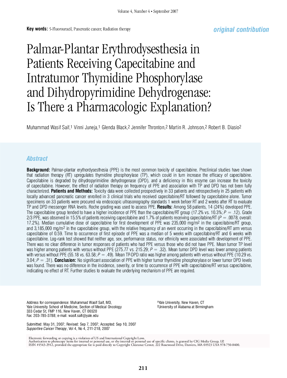 Palmar-Plantar Erythrodysesthesia in Patients Receiving Capecitabine and Intratumor Thymidine Phosphorylase and Dihydropyrimidine Dehydrogenase: Is There a Pharmacologic Explanation?