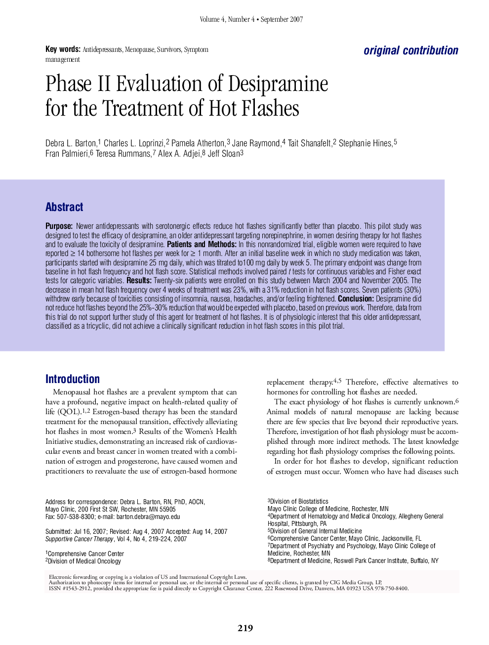 Phase II Evaluation of Desipramine for the Treatment of Hot Flashes
