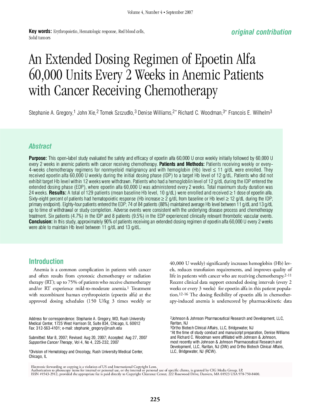 An Extended Dosing Regimen of Epoetin Alfa 60,000 Units Every 2 Weeks in Anemic Patients with Cancer Receiving Chemotherapy