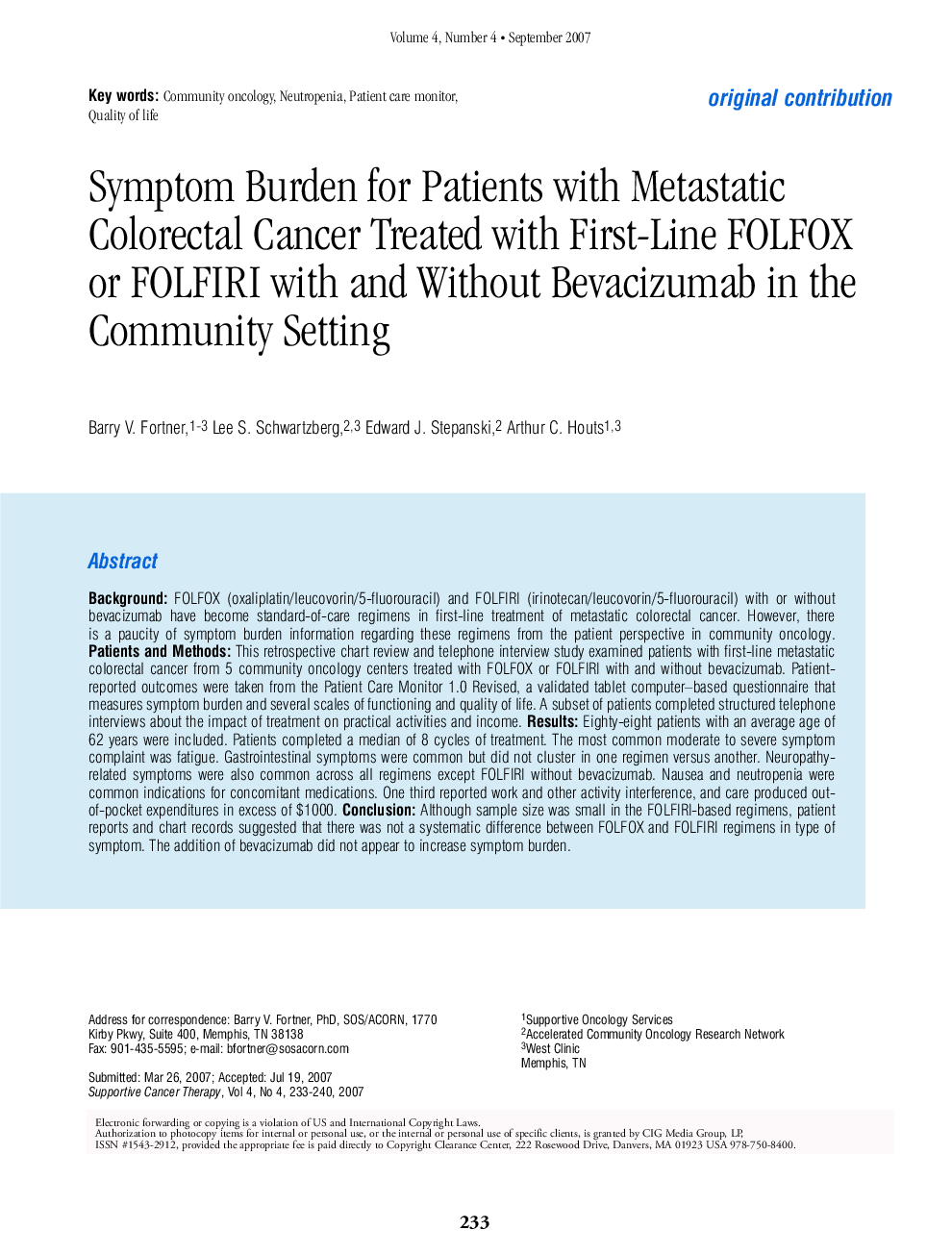 Symptom Burden for Patients with Metastatic Colorectal Cancer Treated with First-Line FOLFOX or FOLFIRI with and Without Bevacizumab in the Community Setting