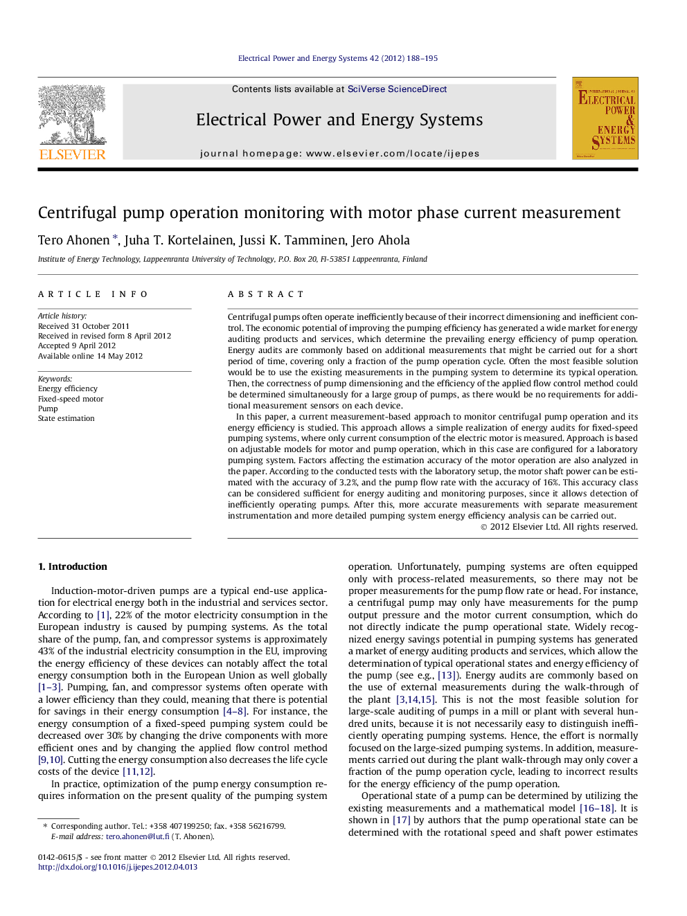 Centrifugal pump operation monitoring with motor phase current measurement