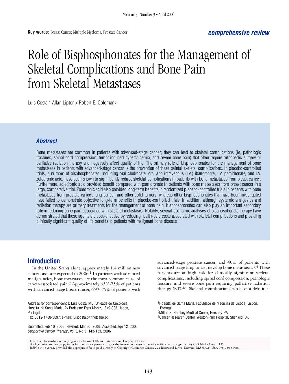 Role of Bisphosphonates for the Management of Skeletal Complications and Bone Pain from Skeletal Metastases