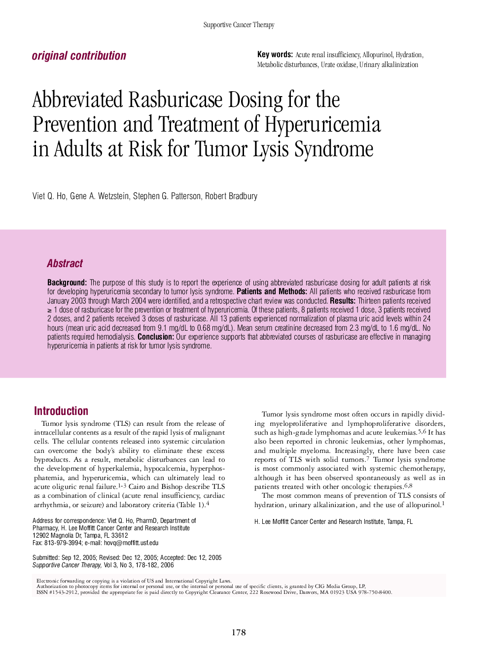 Abbreviated Rasburicase Dosing for the Prevention and Treatment of Hyperuricemia in Adults at Risk for Tumor Lysis Syndrome