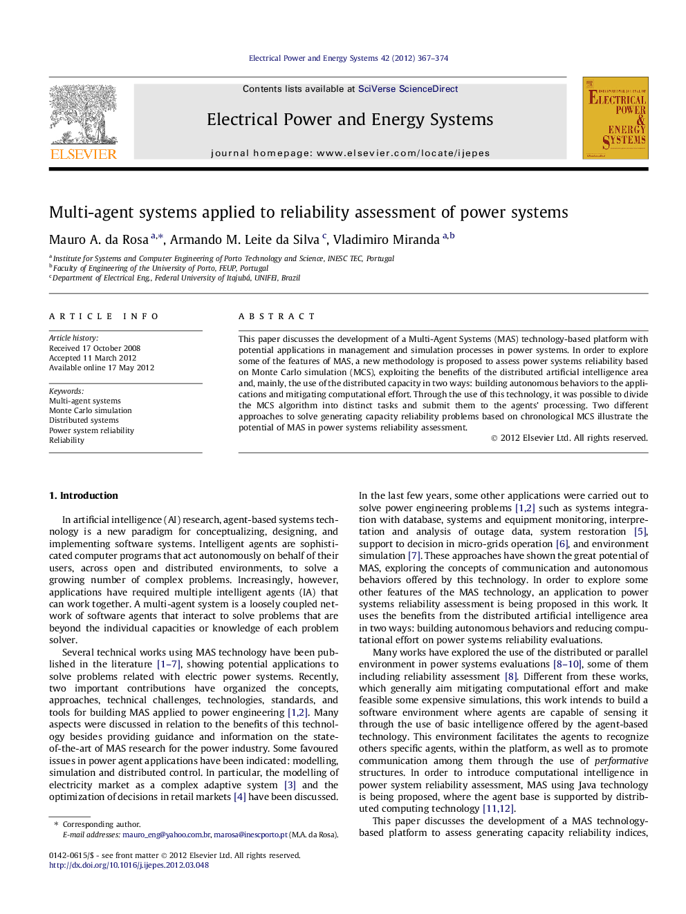 Multi-agent systems applied to reliability assessment of power systems