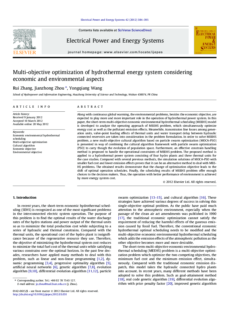 Multi-objective optimization of hydrothermal energy system considering economic and environmental aspects
