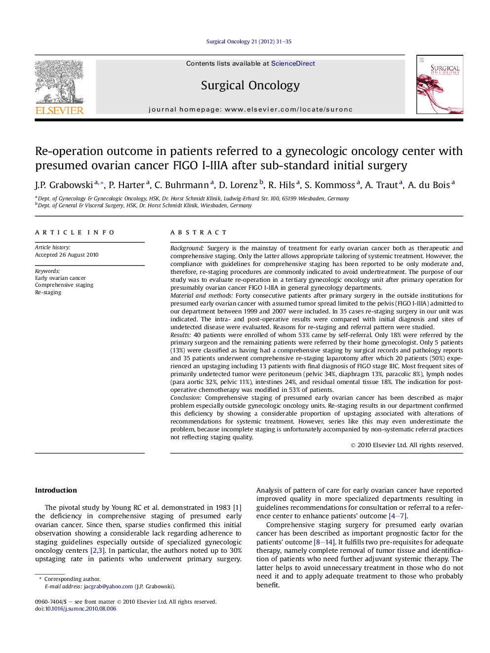 Re-operation outcome in patients referred to a gynecologic oncology center with presumed ovarian cancer FIGO I-IIIA after sub-standard initial surgery