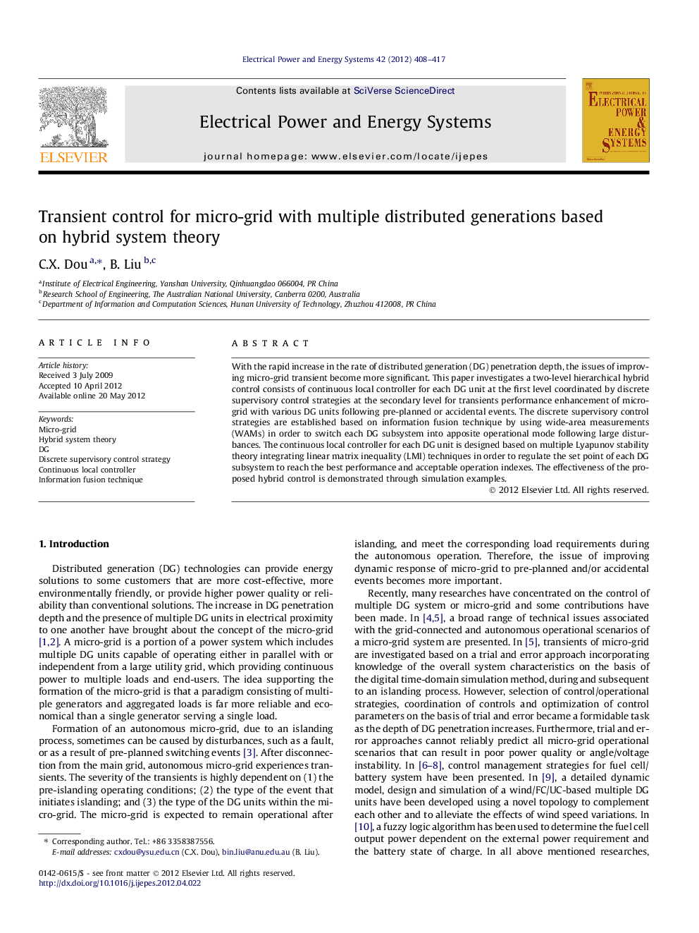 Transient control for micro-grid with multiple distributed generations based on hybrid system theory