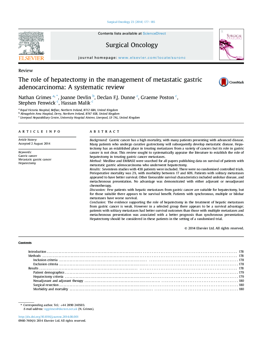 The role of hepatectomy in the management of metastatic gastric adenocarcinoma: A systematic review