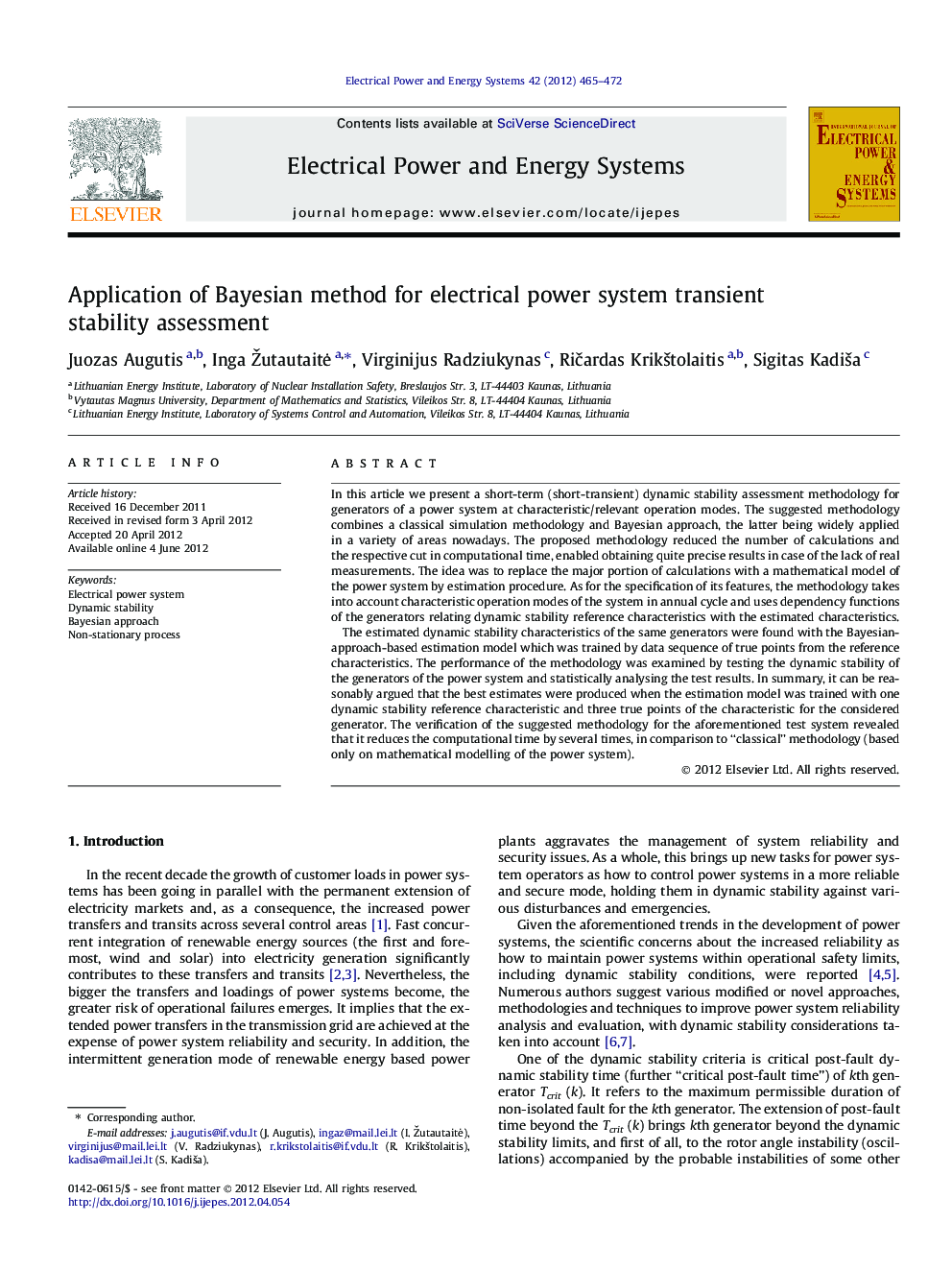 Application of Bayesian method for electrical power system transient stability assessment