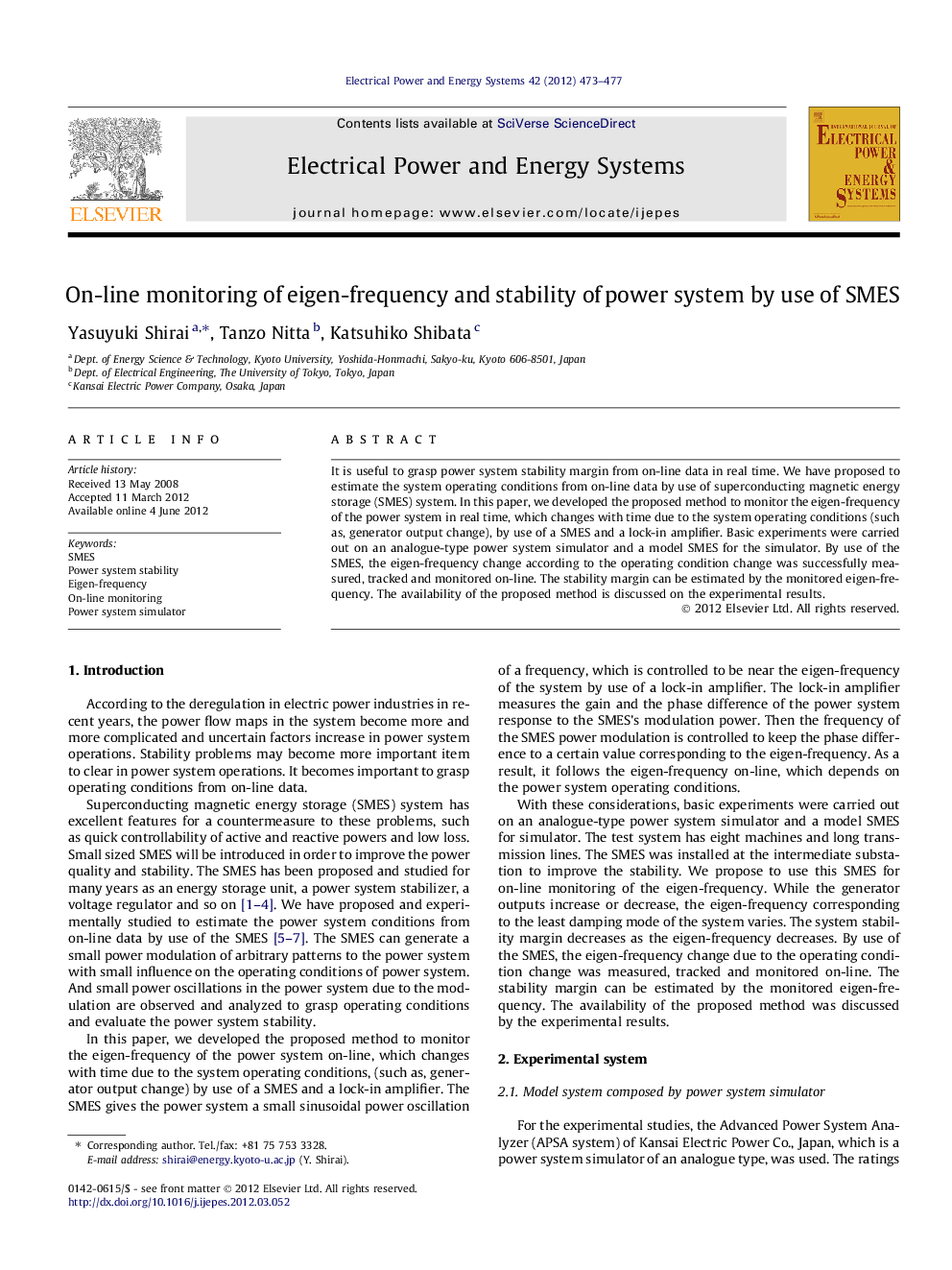 On-line monitoring of eigen-frequency and stability of power system by use of SMES