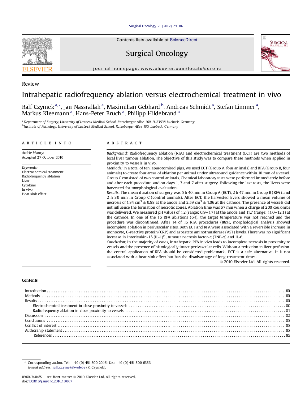 عکس صفحه اول مقاله: Intrahepatic radiofrequency ablation versus electrochemical treatment in vivo Intrahepatic radiofrequency ablation versus electrochemical treatment in vivo