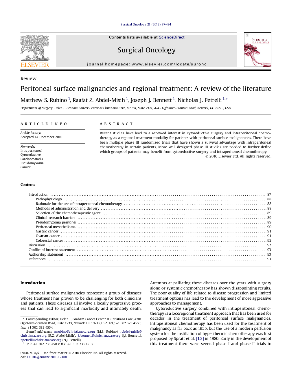 Peritoneal surface malignancies and regional treatment: A review of the literature