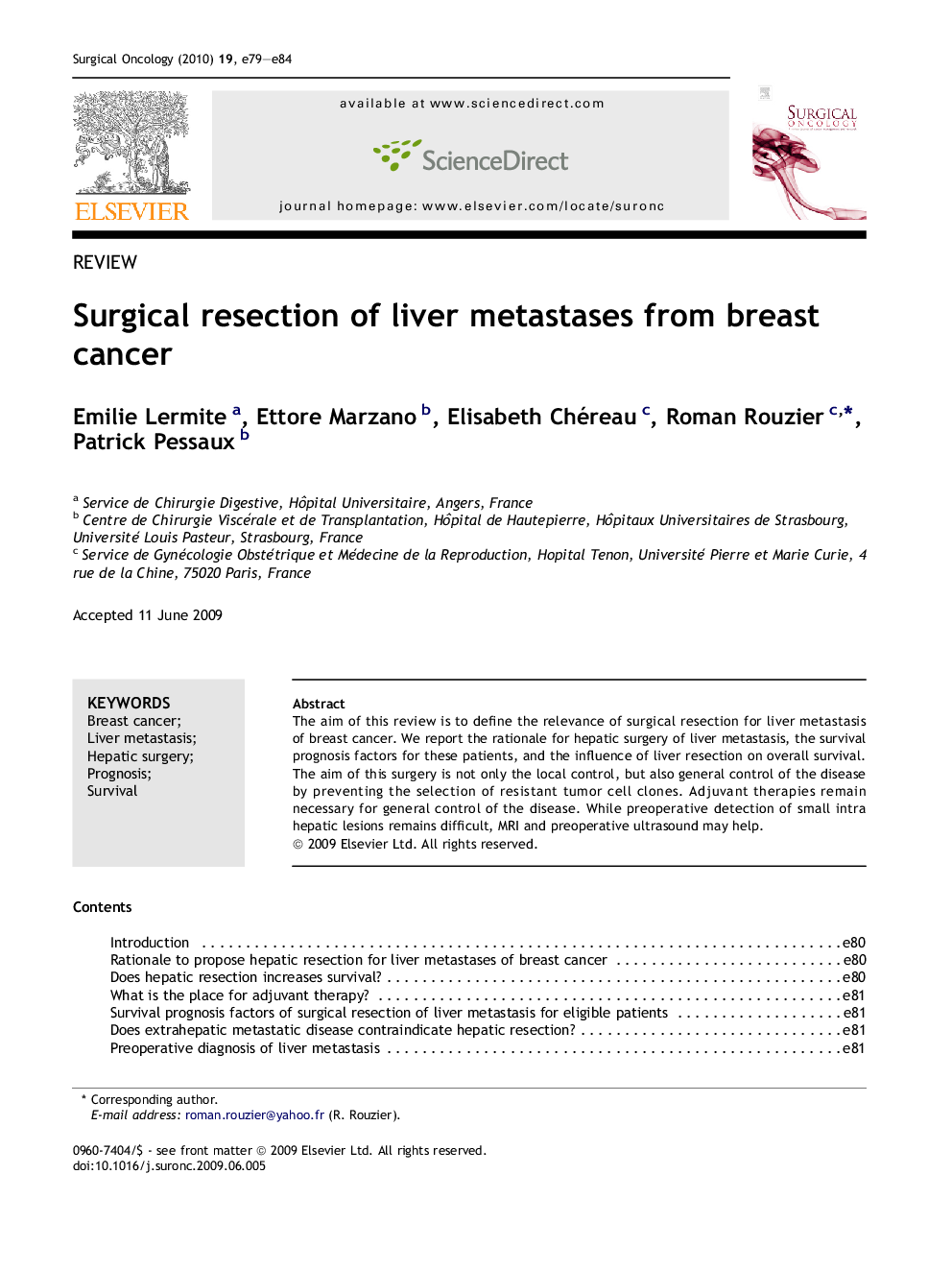 Surgical resection of liver metastases from breast cancer