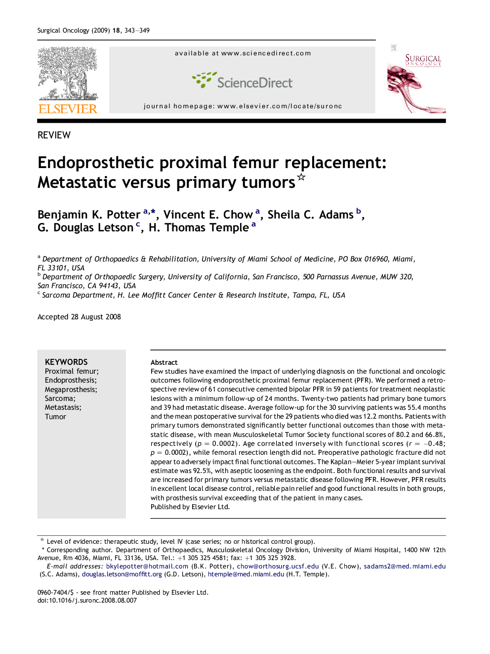 Endoprosthetic proximal femur replacement: Metastatic versus primary tumors 