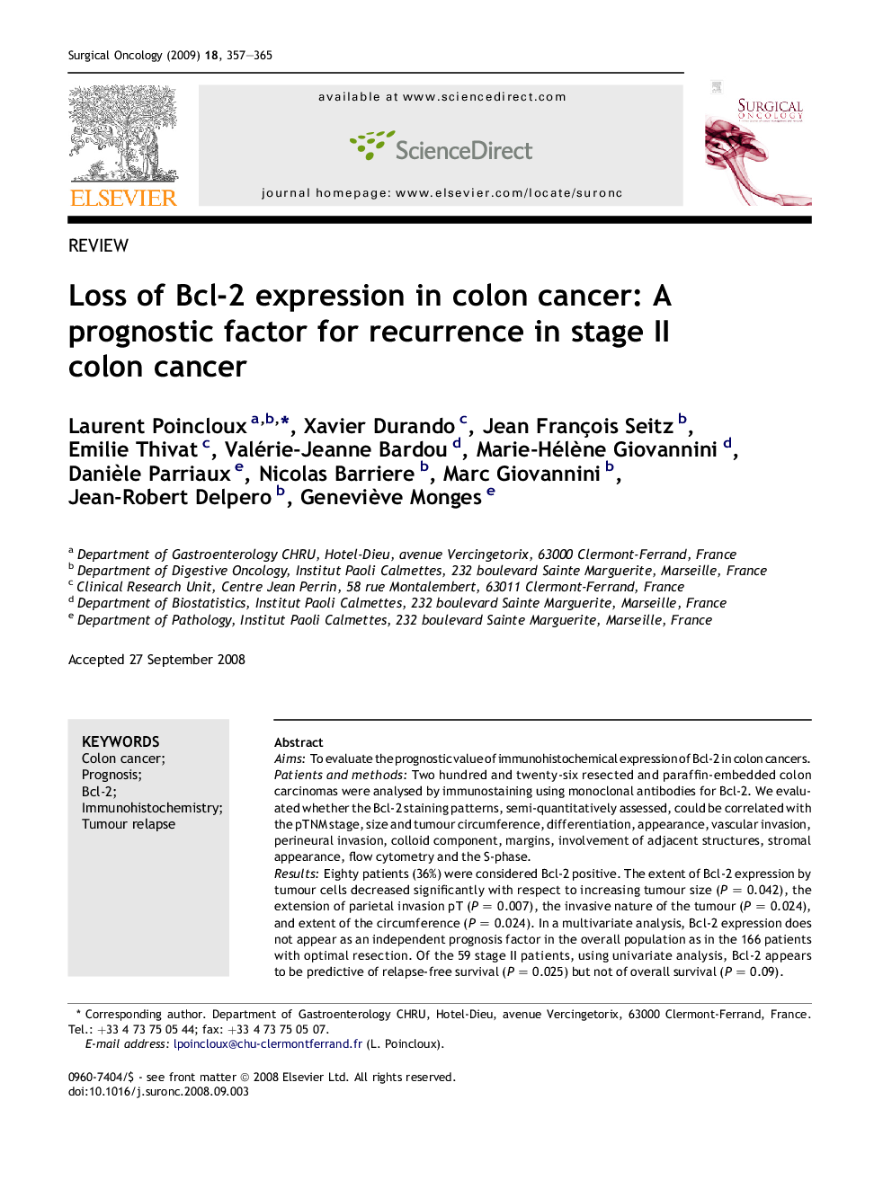 Loss of Bcl-2 expression in colon cancer: A prognostic factor for recurrence in stage II colon cancer