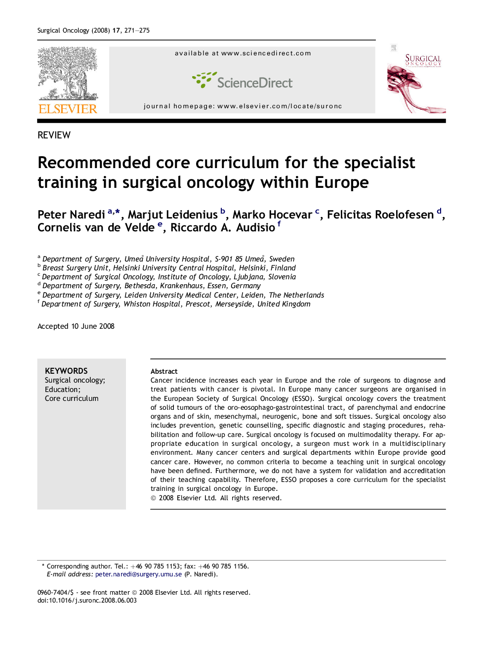 Recommended core curriculum for the specialist training in surgical oncology within Europe