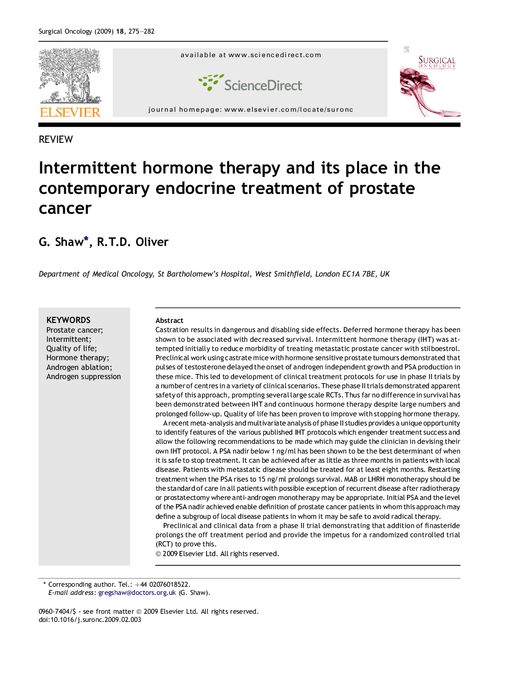 Intermittent hormone therapy and its place in the contemporary endocrine treatment of prostate cancer