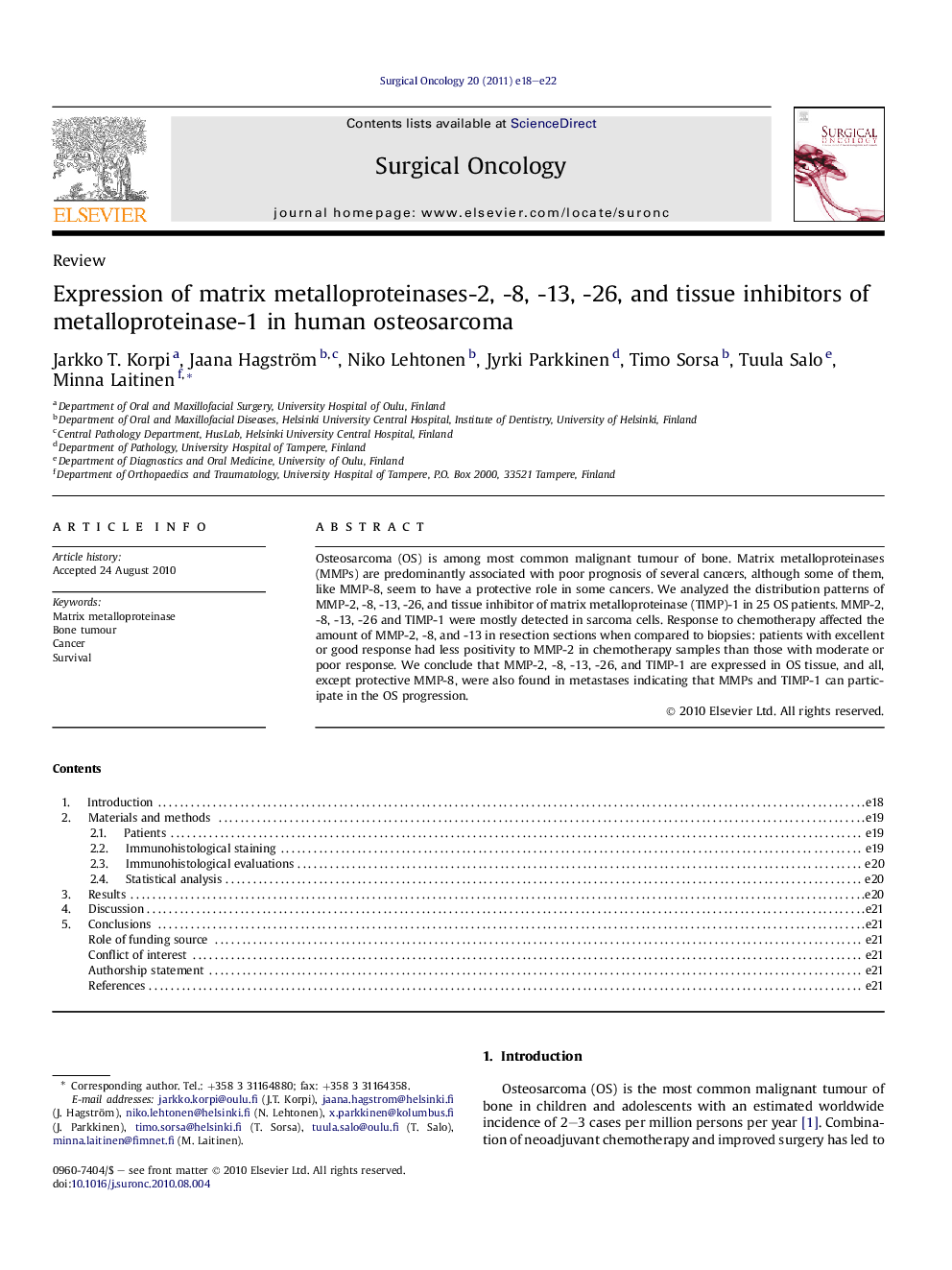 Expression of matrix metalloproteinases-2, -8, -13, -26, and tissue inhibitors of metalloproteinase-1 in human osteosarcoma