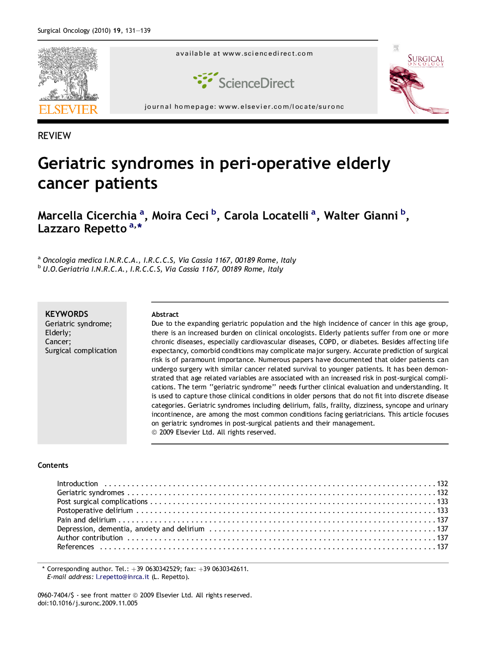 Geriatric syndromes in peri-operative elderly cancer patients