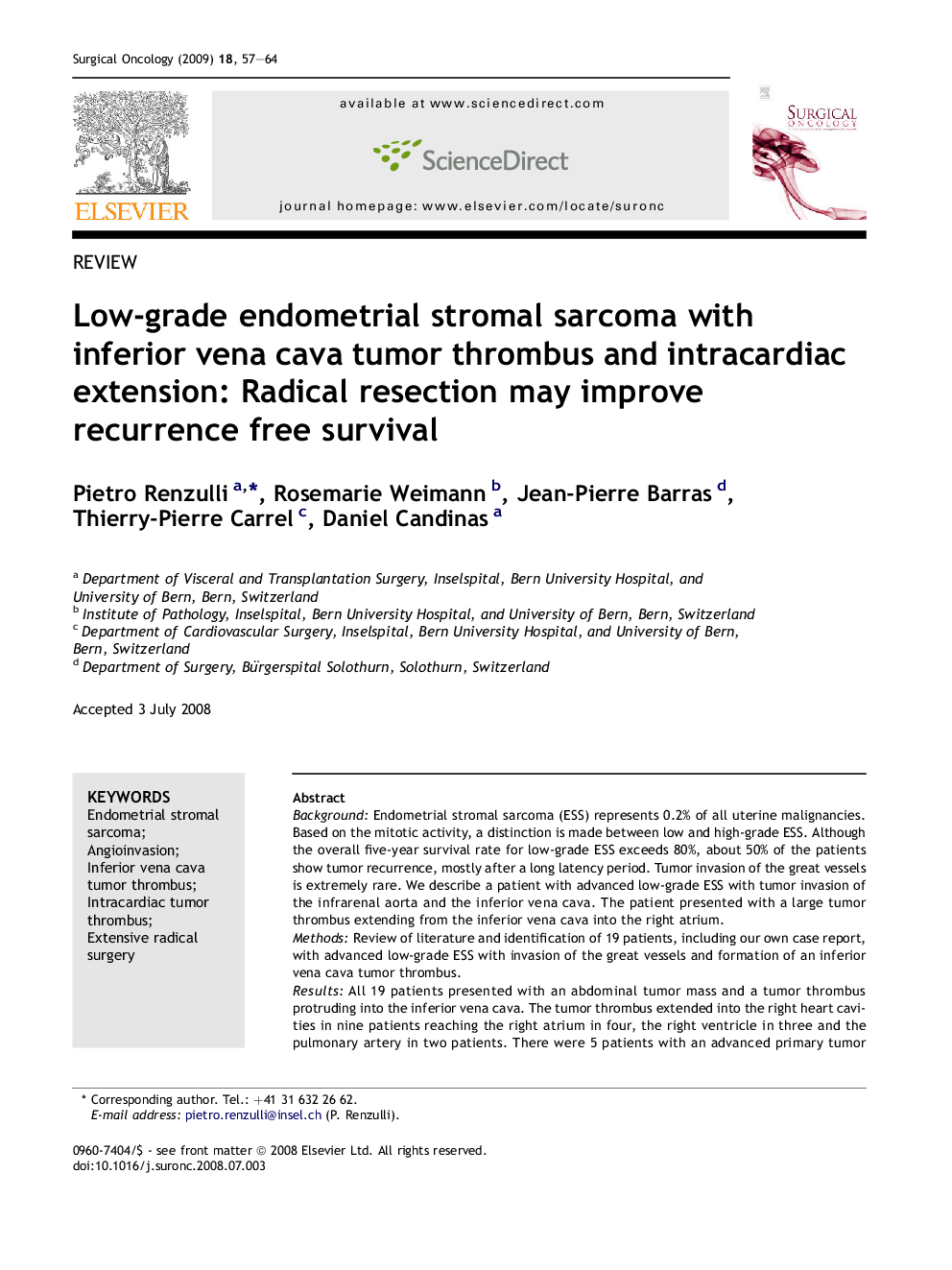 Low-grade endometrial stromal sarcoma with inferior vena cava tumor thrombus and intracardiac extension: Radical resection may improve recurrence free survival