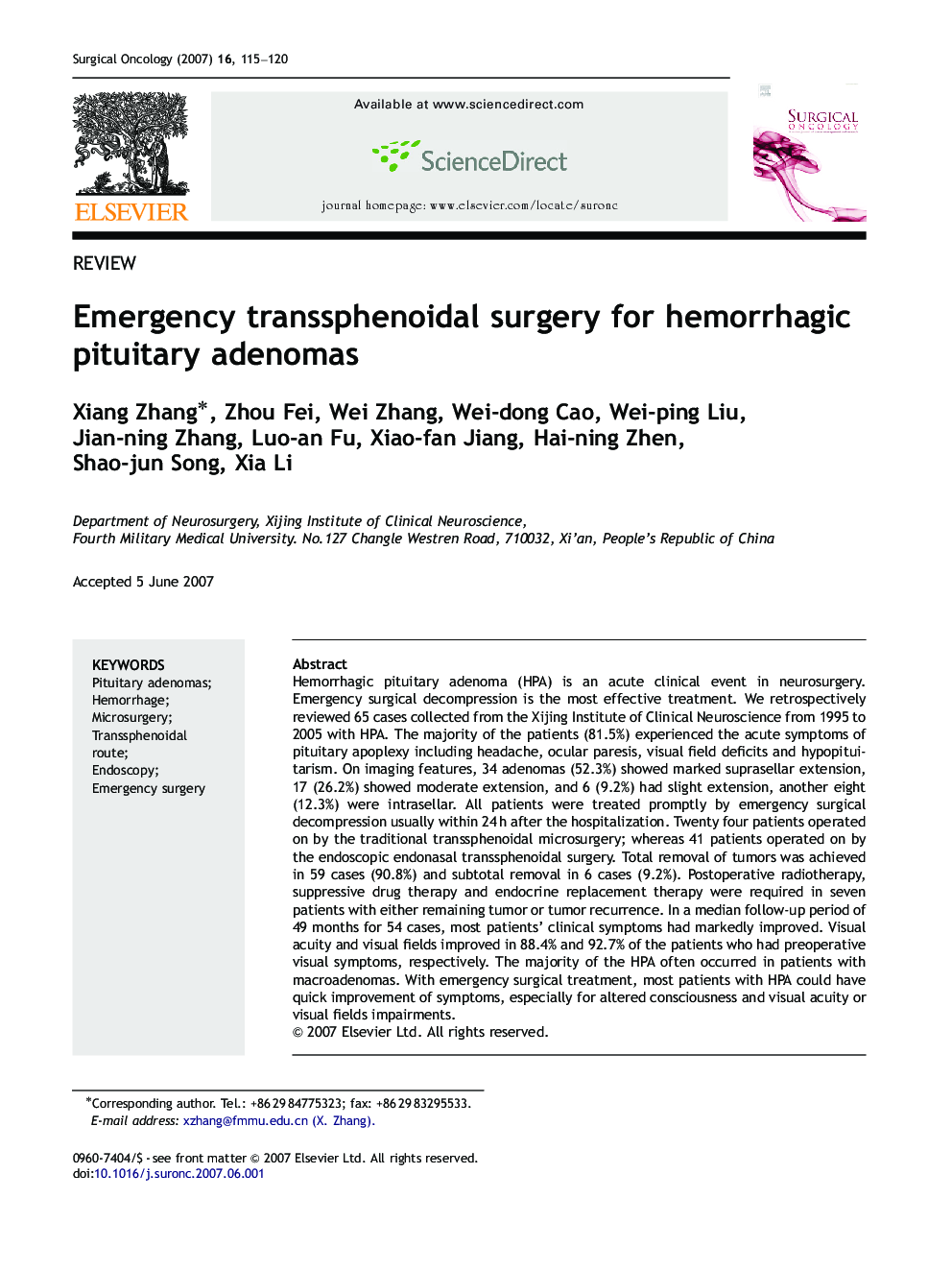 Emergency transsphenoidal surgery for hemorrhagic pituitary adenomas