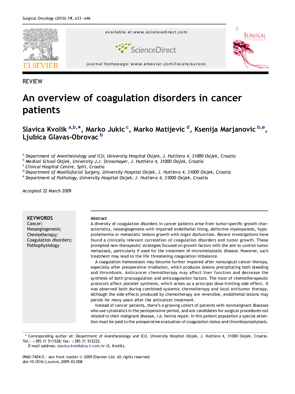 An overview of coagulation disorders in cancer patients