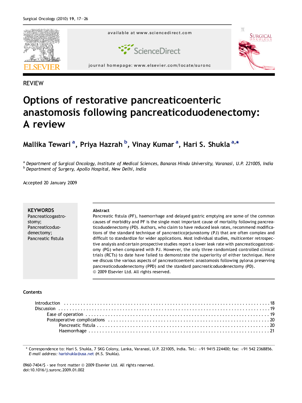 Options of restorative pancreaticoenteric anastomosis following pancreaticoduodenectomy: A review