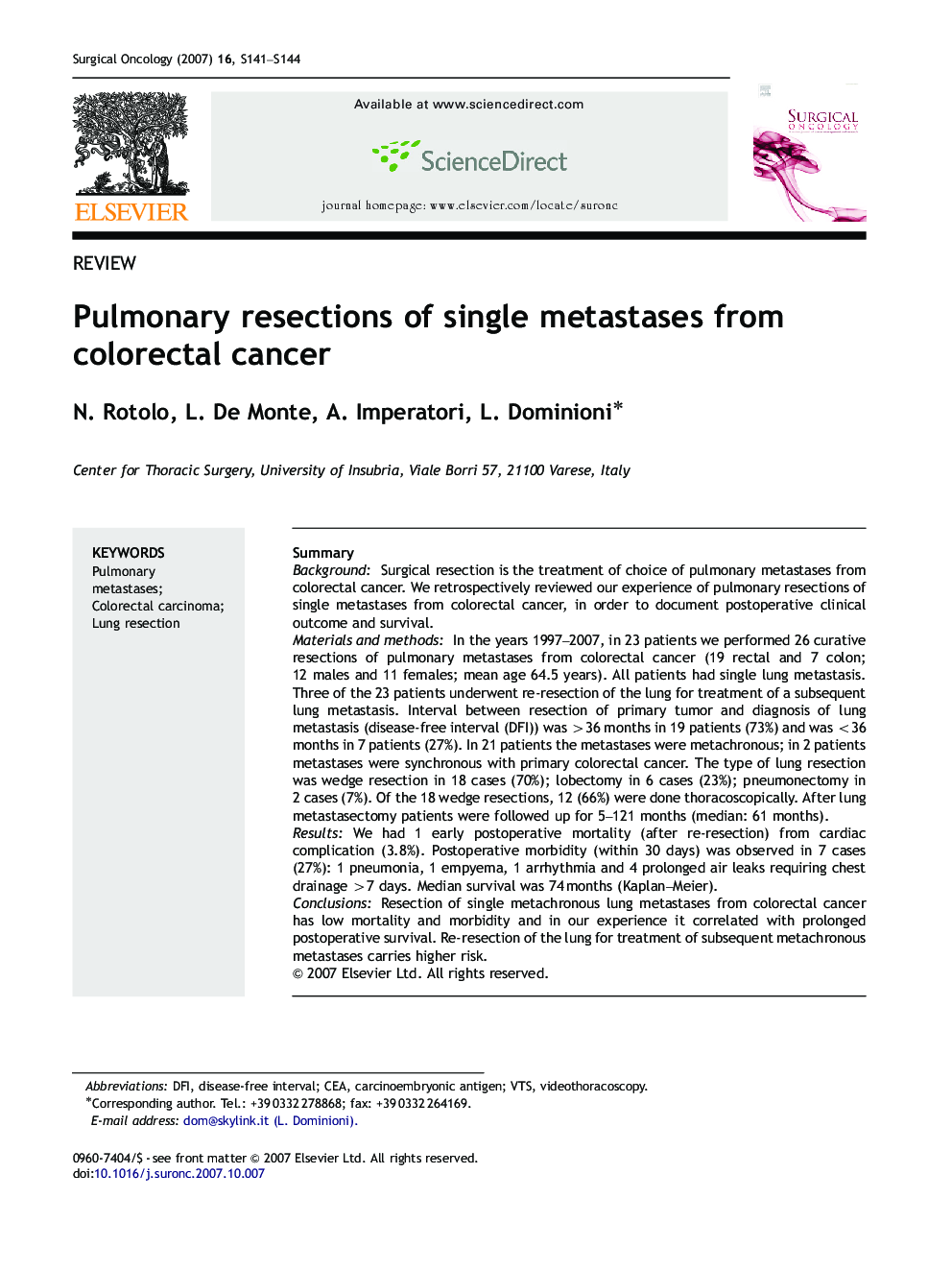 Pulmonary resections of single metastases from colorectal cancer