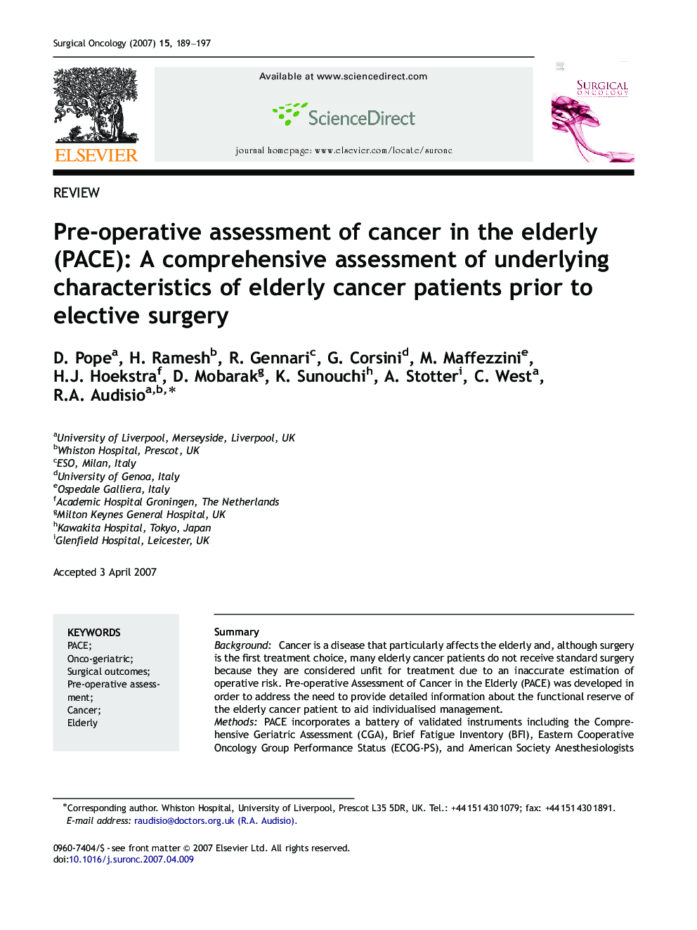 Pre-operative assessment of cancer in the elderly (PACE): A comprehensive assessment of underlying characteristics of elderly cancer patients prior to elective surgery