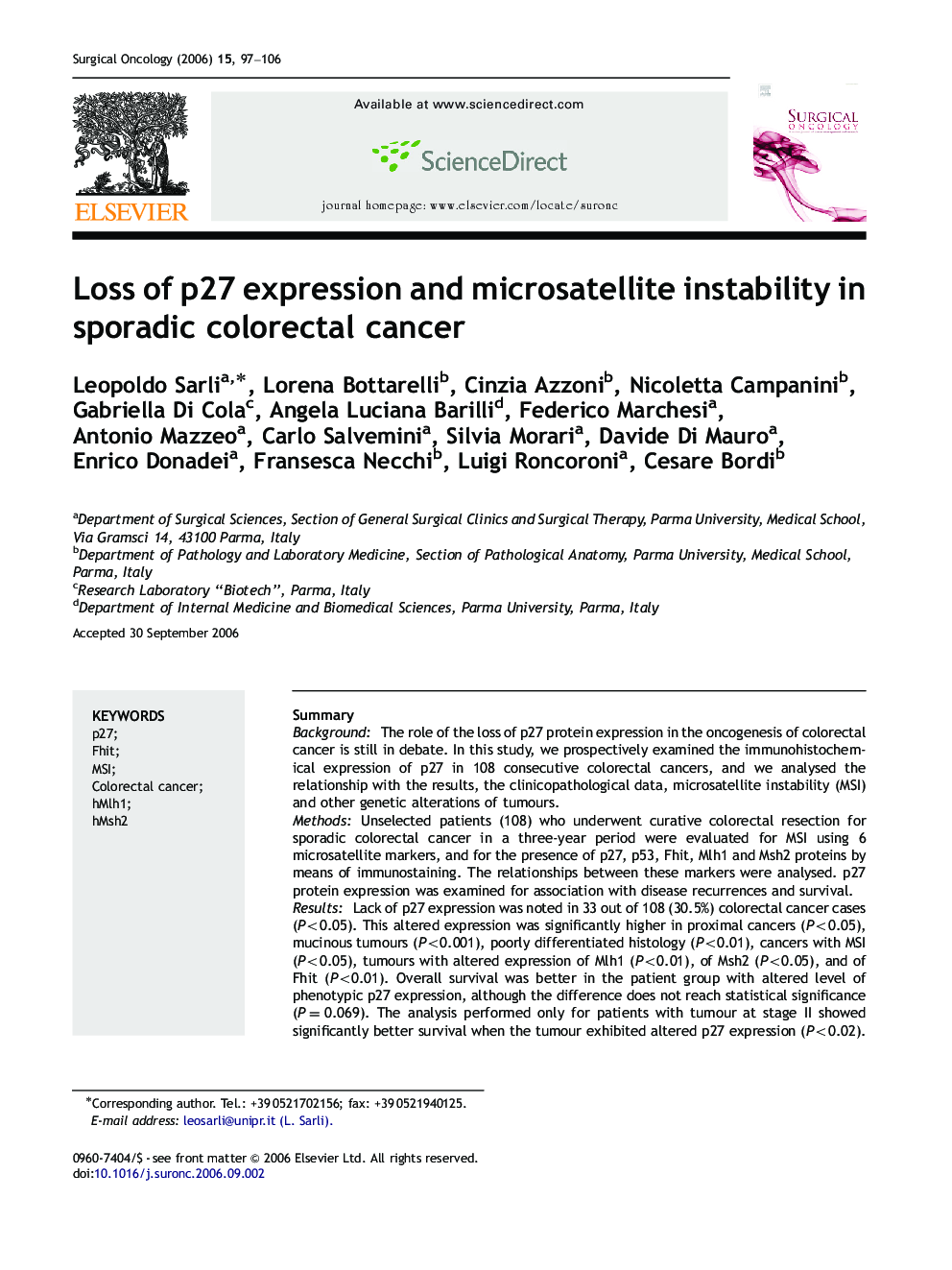 Loss of p27 expression and microsatellite instability in sporadic colorectal cancer