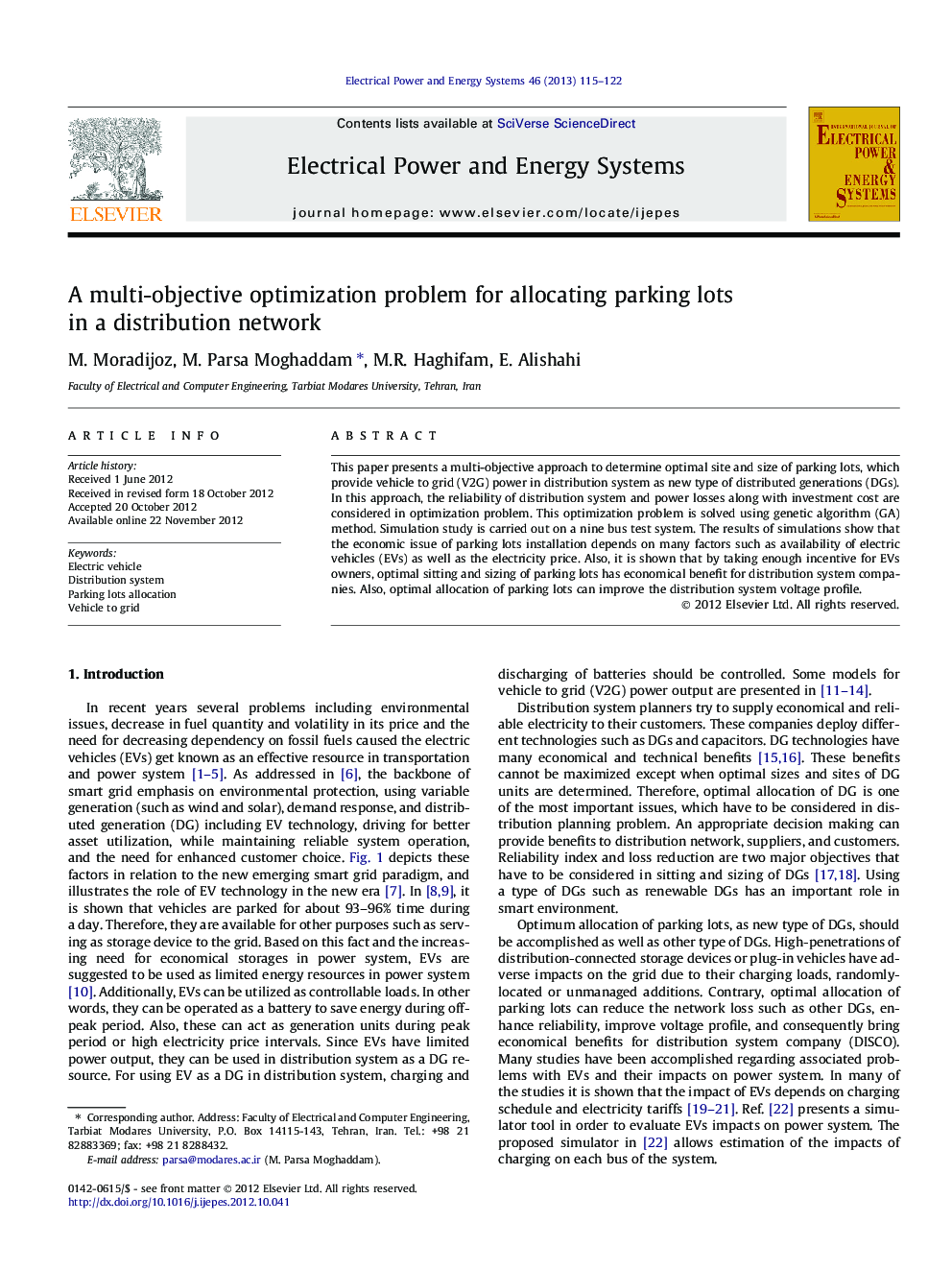 A multi-objective optimization problem for allocating parking lots in a distribution network