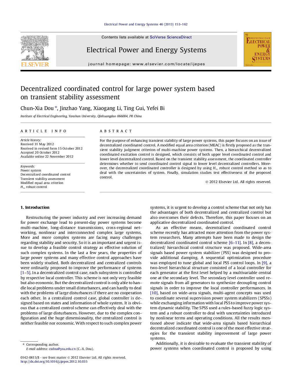 Decentralized coordinated control for large power system based on transient stability assessment