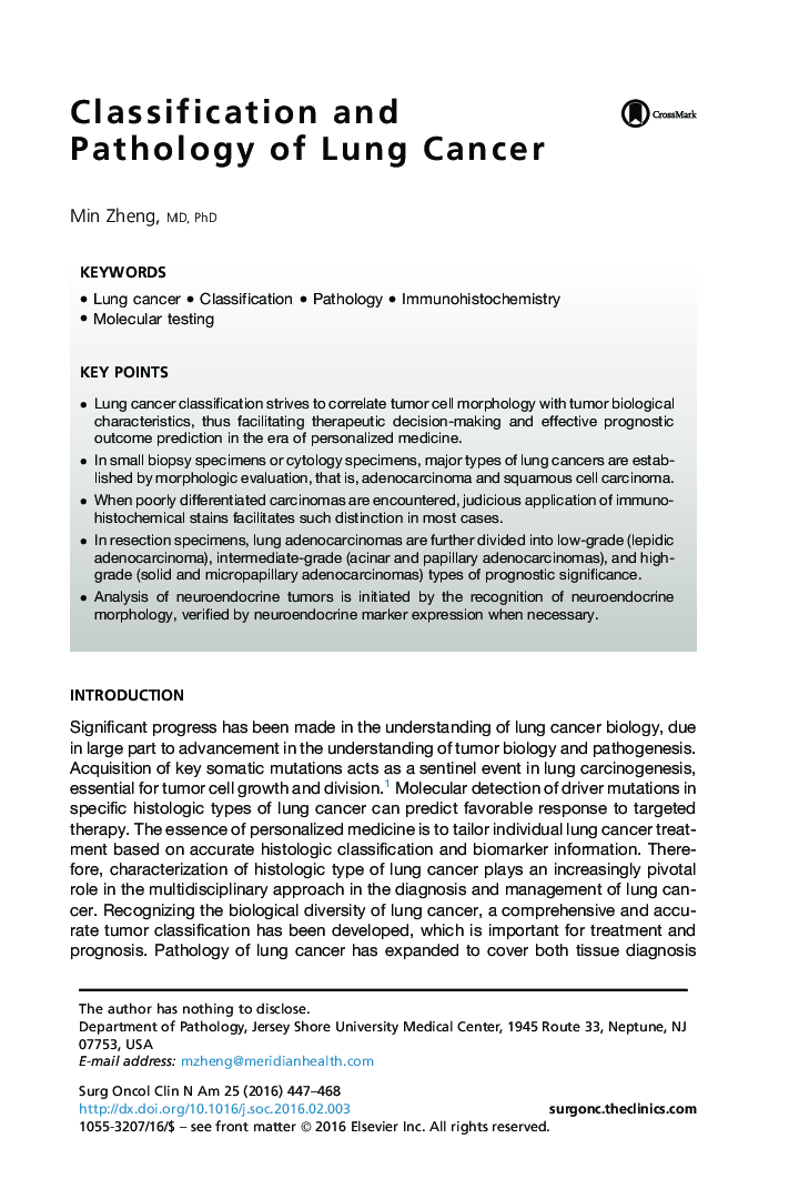 Classification and Pathology of Lung Cancer