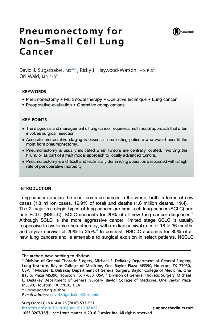 Pneumonectomy for Non-Small Cell Lung Cancer