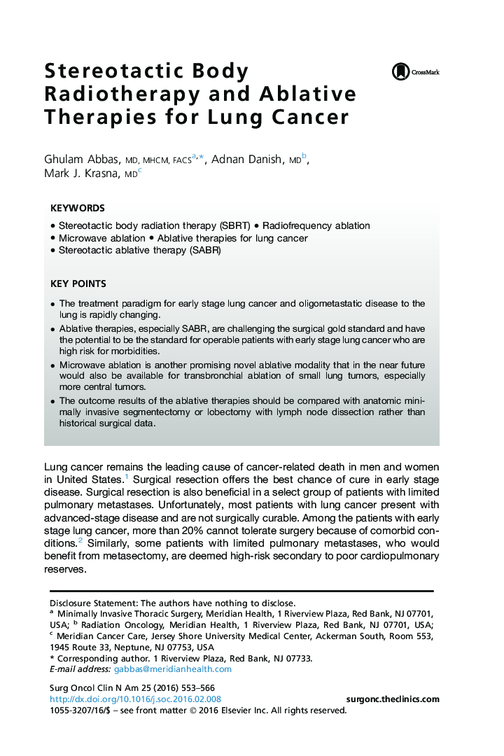 Stereotactic Body Radiotherapy and Ablative Therapies for Lung Cancer