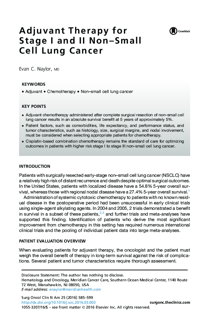 Adjuvant Therapy for Stage I and II Non-Small Cell Lung Cancer