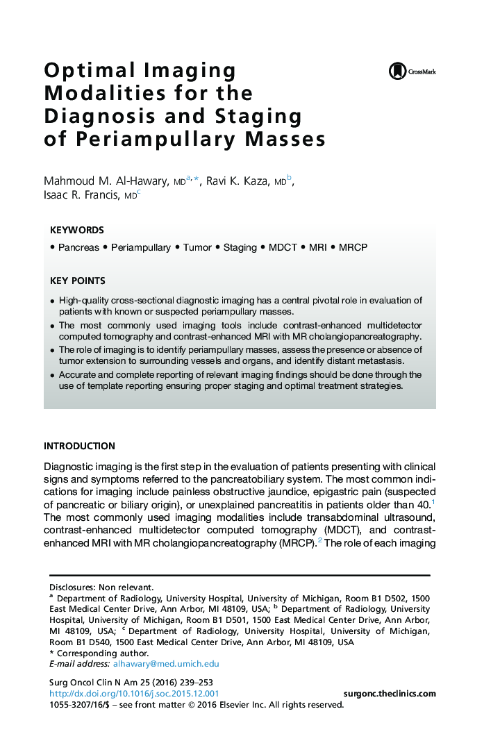 Optimal Imaging Modalities for the Diagnosis and Staging of Periampullary Masses