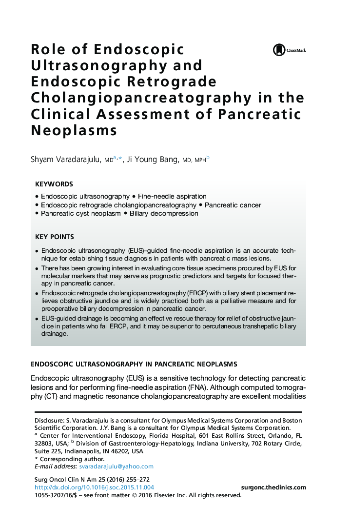 Role of Endoscopic Ultrasonography and Endoscopic Retrograde Cholangiopancreatography in the Clinical Assessment of Pancreatic Neoplasms