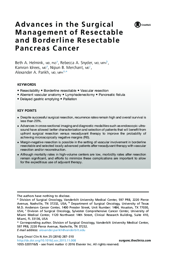 Advances in the Surgical Management of Resectable and Borderline Resectable Pancreas Cancer