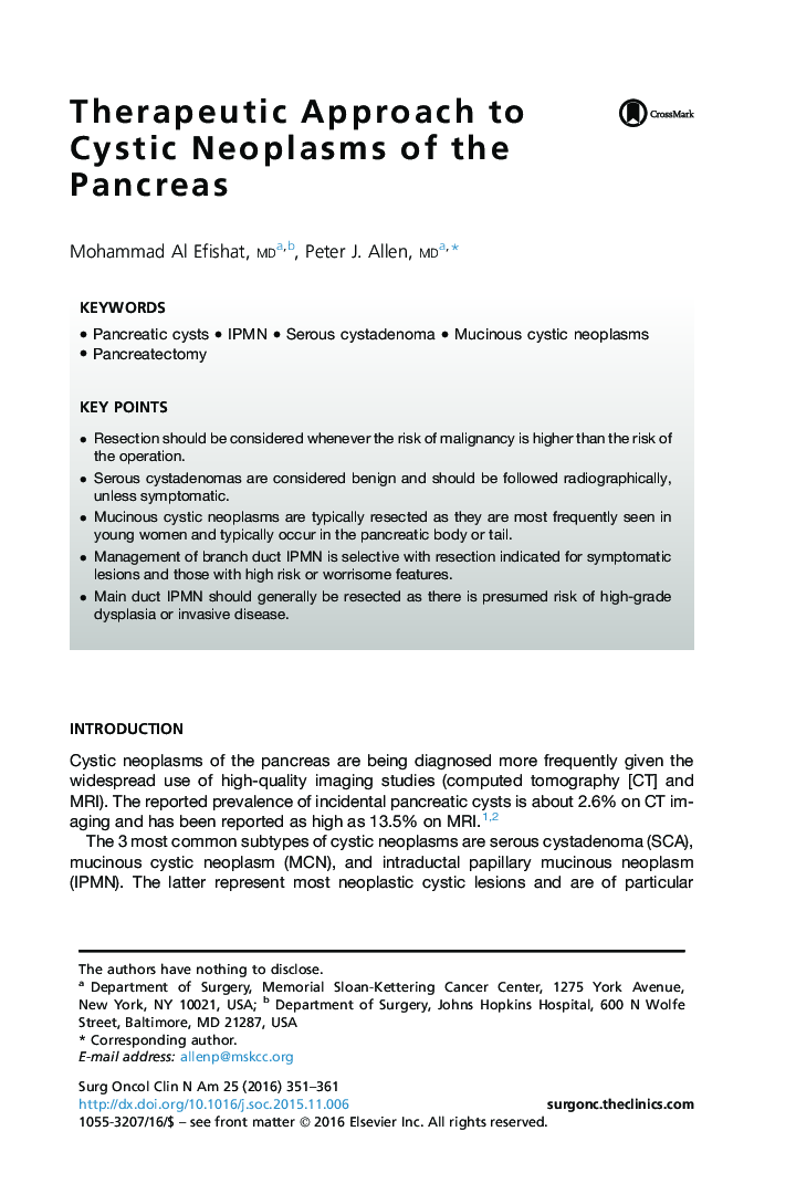 Therapeutic Approach to Cystic Neoplasms of the Pancreas