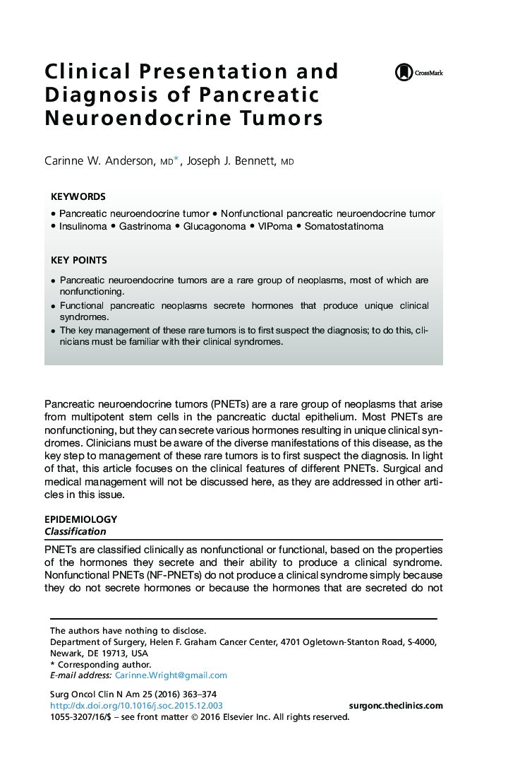 Clinical Presentation and Diagnosis of Pancreatic Neuroendocrine Tumors