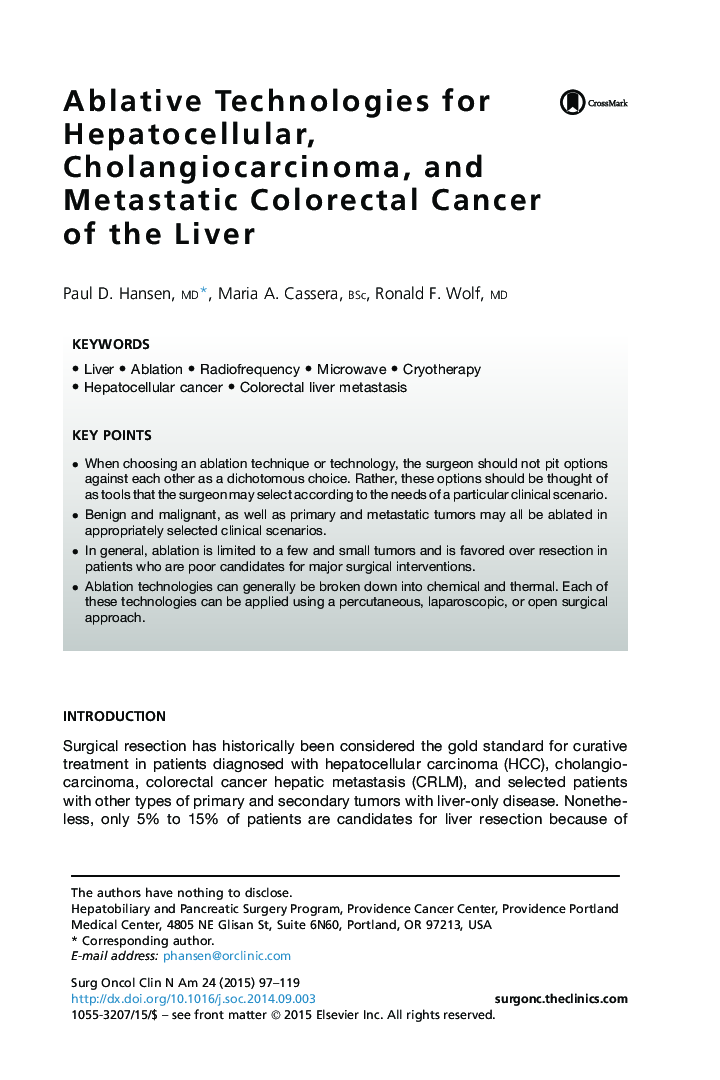 Ablative Technologies for Hepatocellular, Cholangiocarcinoma, and Metastatic Colorectal Cancer of the Liver